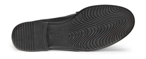 The outsole of a black shoe with a ridged heel and wavy texture.