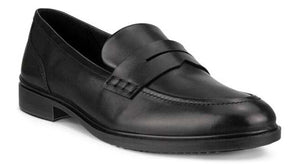 Black leather penny loafer shoe with a stacked heel.