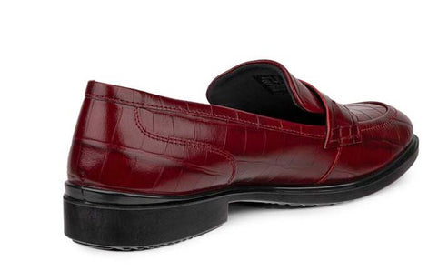 Burgundy leather loafer with faux alligator skin pattern.