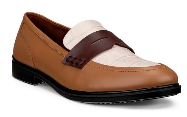 Tan leather loafer with white and brown accent.