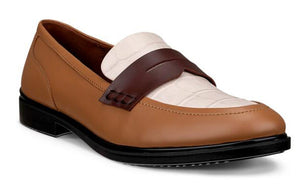 Tan leather loafer with white and brown accent.
