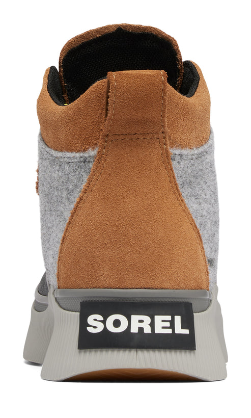 Back view of a gray and brown high-top sneaker with "SOREL" printed in white on a black tag.