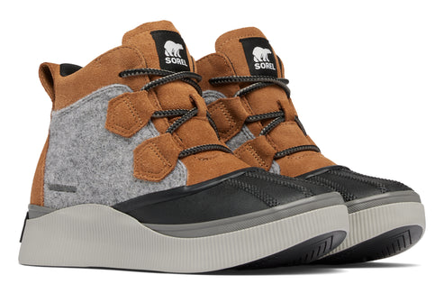 A pair of high-top boots with black soles, gray sides, and brown tops.