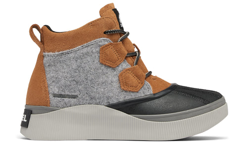 Ankle height boot features a brown upper with felt sides and black toe cap, with a white ribbed sole.