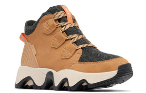 Tan suede and wool ankle boot with sculptural cream-colored sole and orange accents.