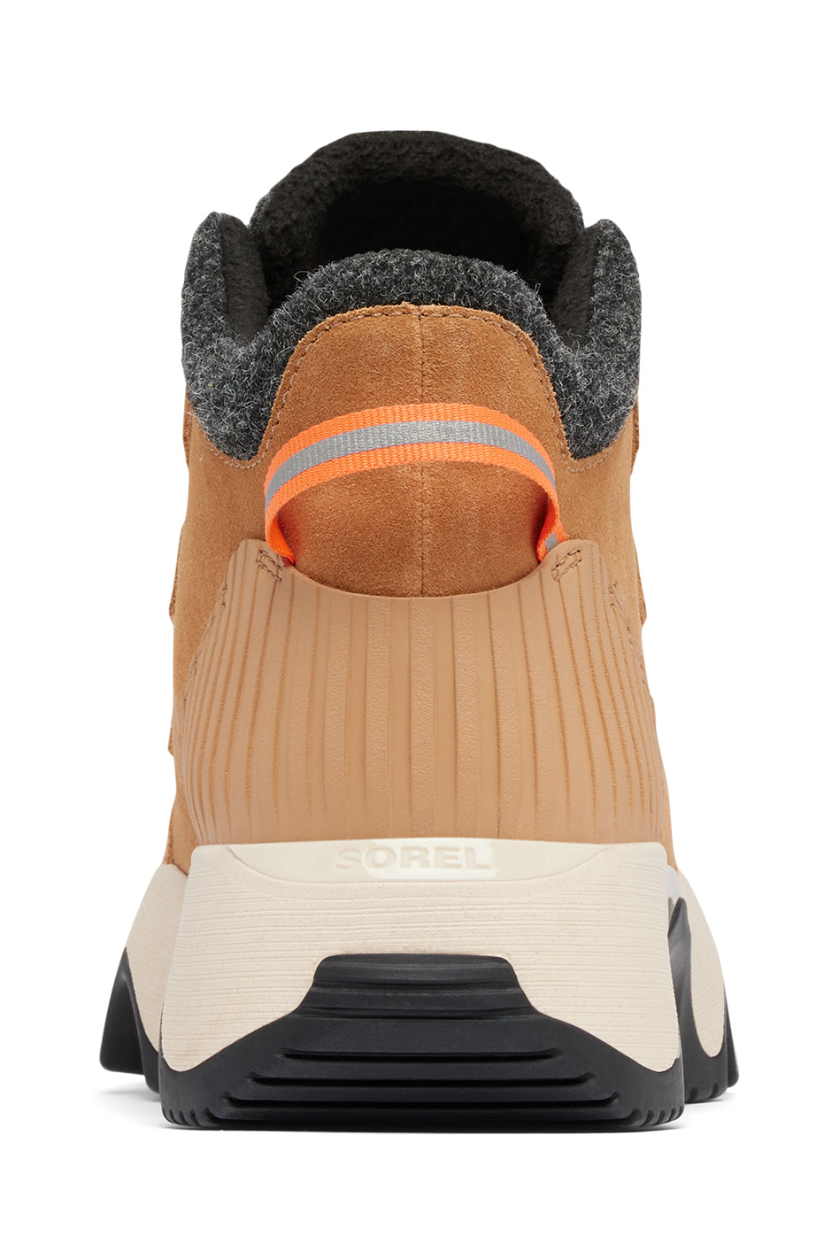 Tan high-top sneaker with grey wool collar, orange stripe, tan heel counter and white sole with black outsole. "SOREL" is on the heel counter.