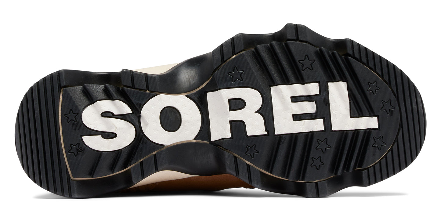 Sole of a shoe with the word "SOREL" in large white letters on a black background with star patterns.
