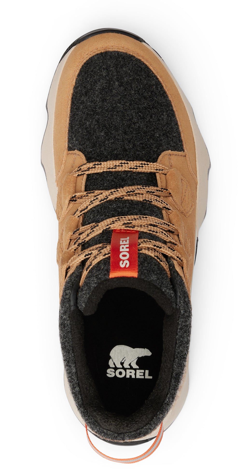 Tan and charcoal gray hiking shoe with printed laces. Inside the shoe there is a polar bear design with the text "SOREL".