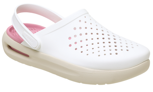 White and pink clog with back strap, perforated upper, and beige sole.