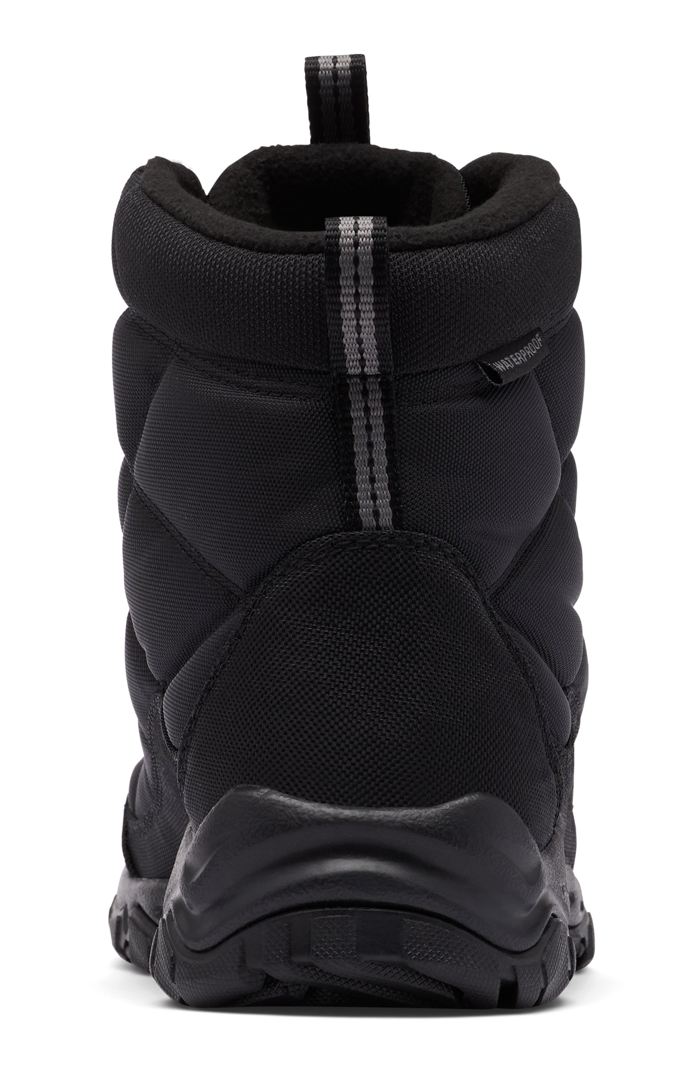 Rear view of a black quilted winter boot with a fabric pull loop.