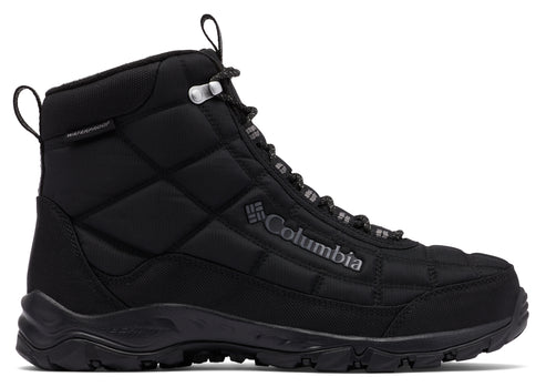 Black quilted high-top hiking boot with the text "Columbia" displayed on the side.
