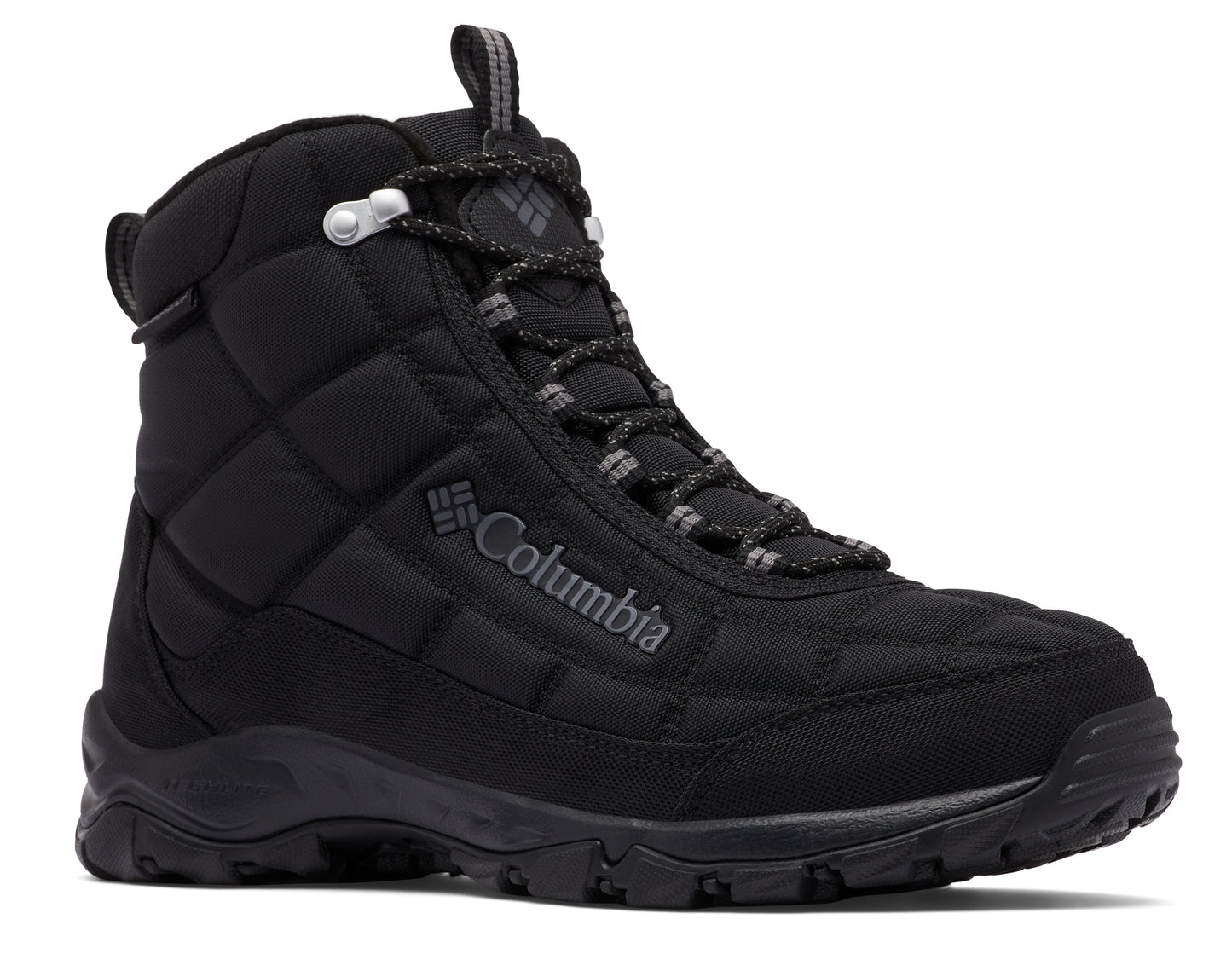 Black quilted boot with gray logo and silver metal eyelets.