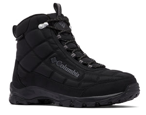 Black quilted boot with gray logo and silver metal eyelets.