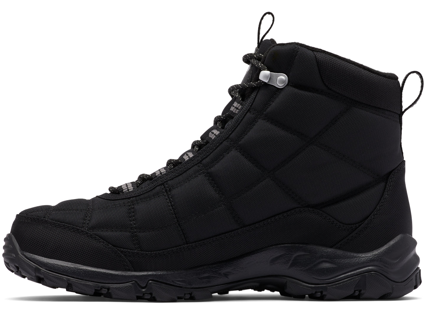A black quilted winter boot with black laces and pull tabs on the tongue and heel.