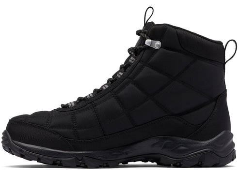 A black quilted winter boot with black laces and pull tabs on the tongue and heel.