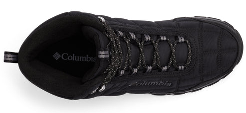 Top-down view of a black quilted boot with black and gray laces.