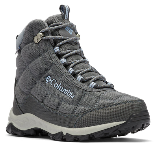 Gray ankle-high quilted boot with the word "Columbia" embroidered on the side, and gray and light-blue laces.