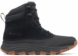 A black, high-top boot with a thick, brown and black treaded sole and a lace-up closure.