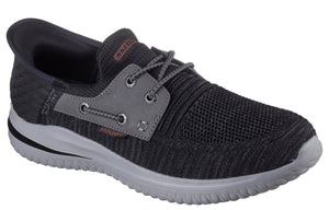 Dark gray slip-on boat shoe with decorative gray laces and gray sole.