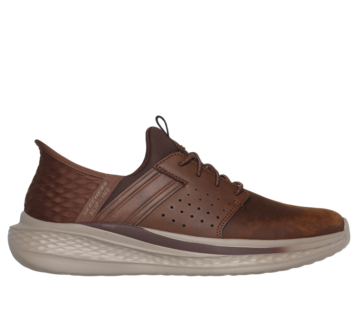 A brown low-top sneaker with laces and a light gray sole.