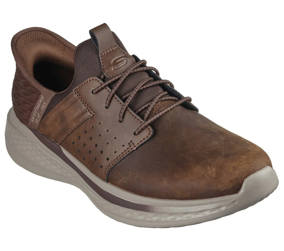A brown casual walking shoe with laces.