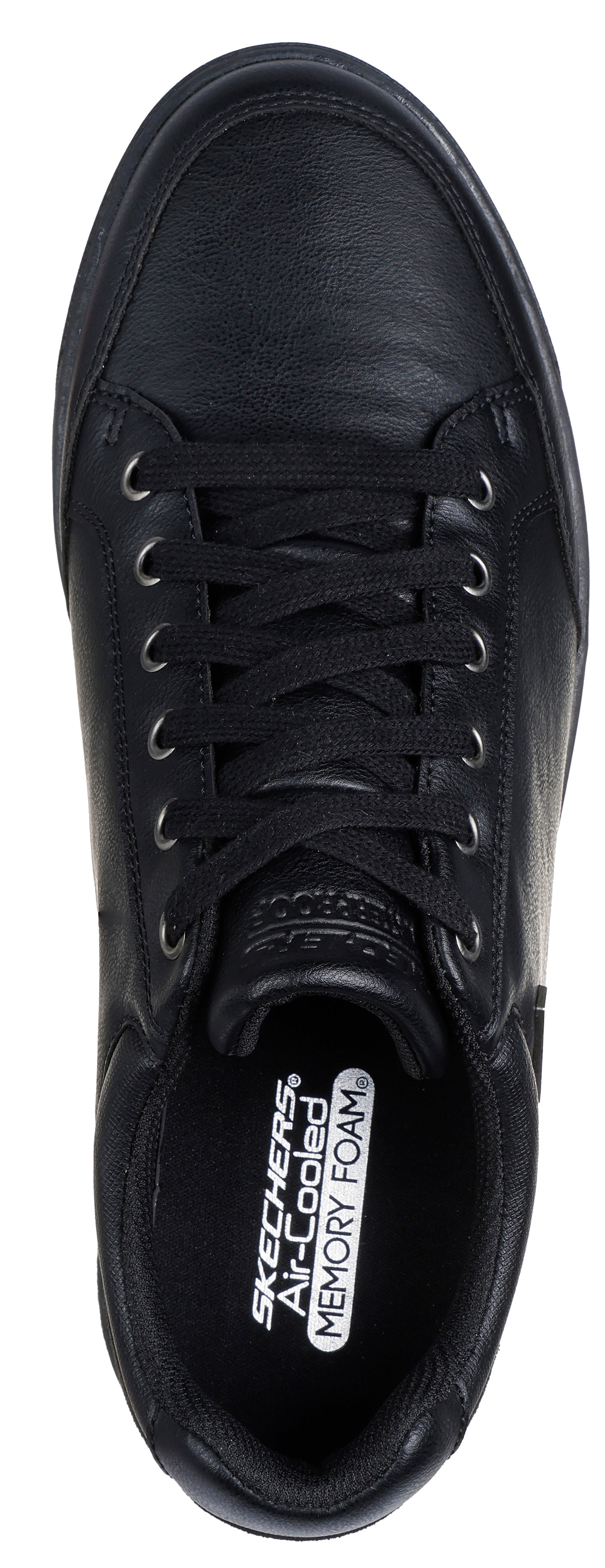 A top-down view of a black shoe with black laces.