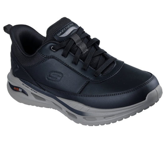 Black sneaker with laces and gray sole.