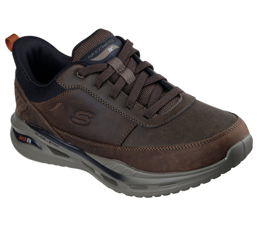 A brown leather running shoe with black trim and a prominent arch support.