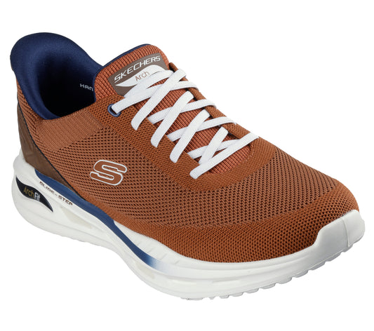 A brown running shoe with white laces and the word "Arch" visible on the side.