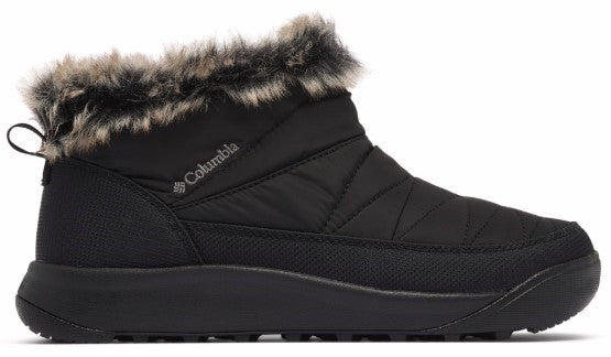 Black puffy ankle boot with faux fur trim.