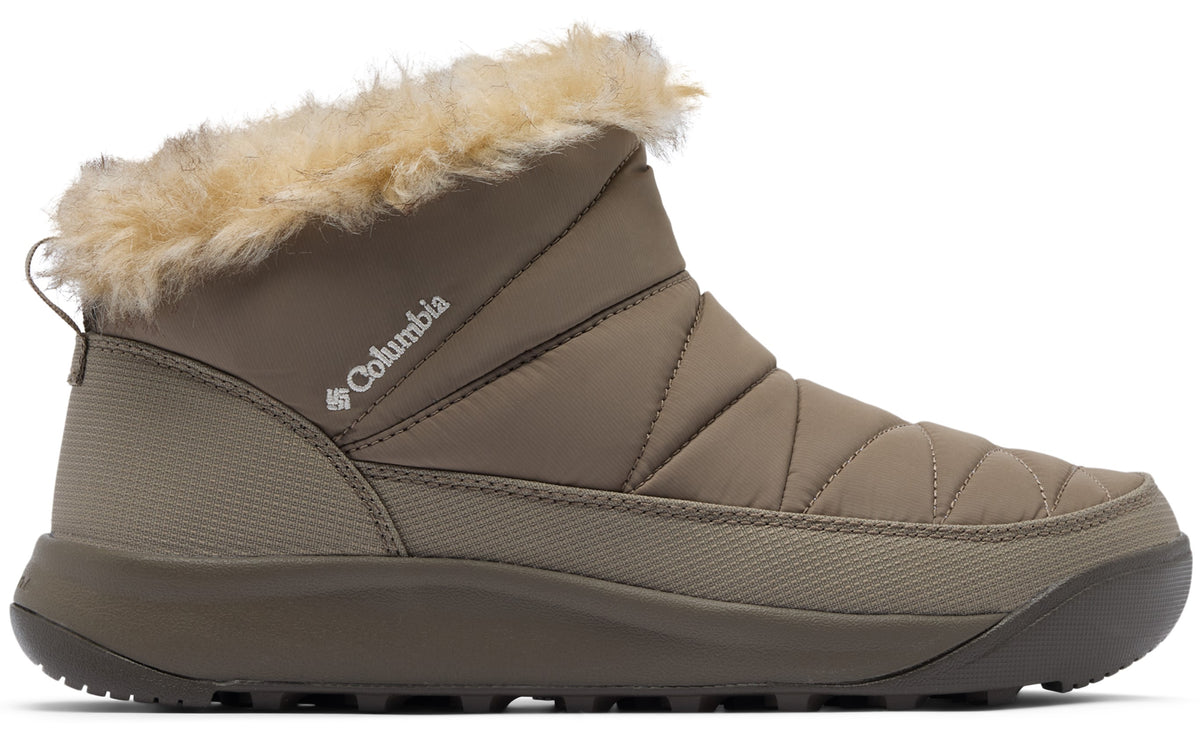 A tan Columbia ankle boot with quilted stitching on the upper and a light-brown faux fur collar around the ankle opening.