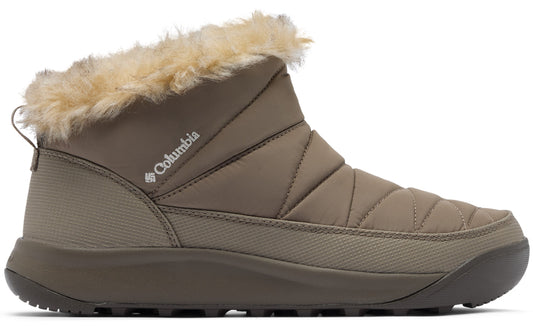 A tan Columbia ankle boot with quilted stitching on the upper and a light-brown faux fur collar around the ankle opening.
