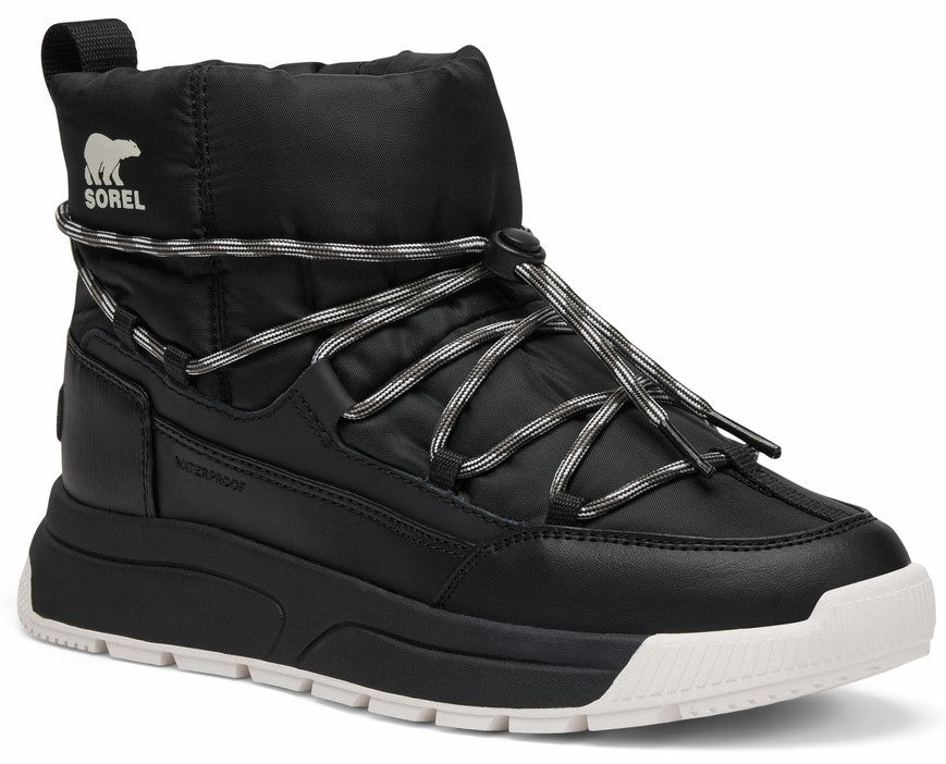 Black waterproof puffer ankle boot with lace-up closure and white sole, logo on the side.