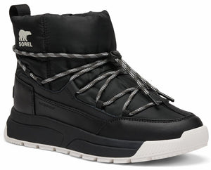 Black waterproof puffer ankle boot with lace-up closure and white sole, logo on the side.