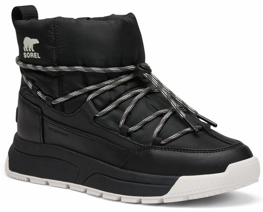 Black waterproof puffer ankle boot with lace-up closure and white sole, logo on the side.