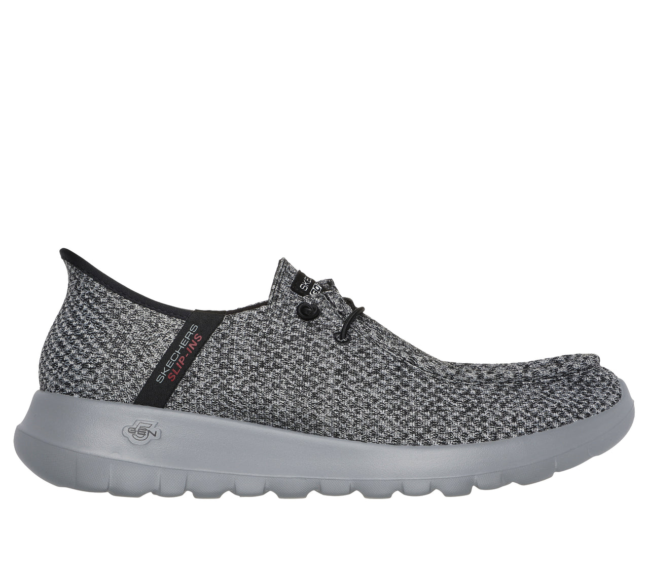 Slip-on knit shoe with bungee laces and a gray sole with the text "SLIP-INS" on the side.