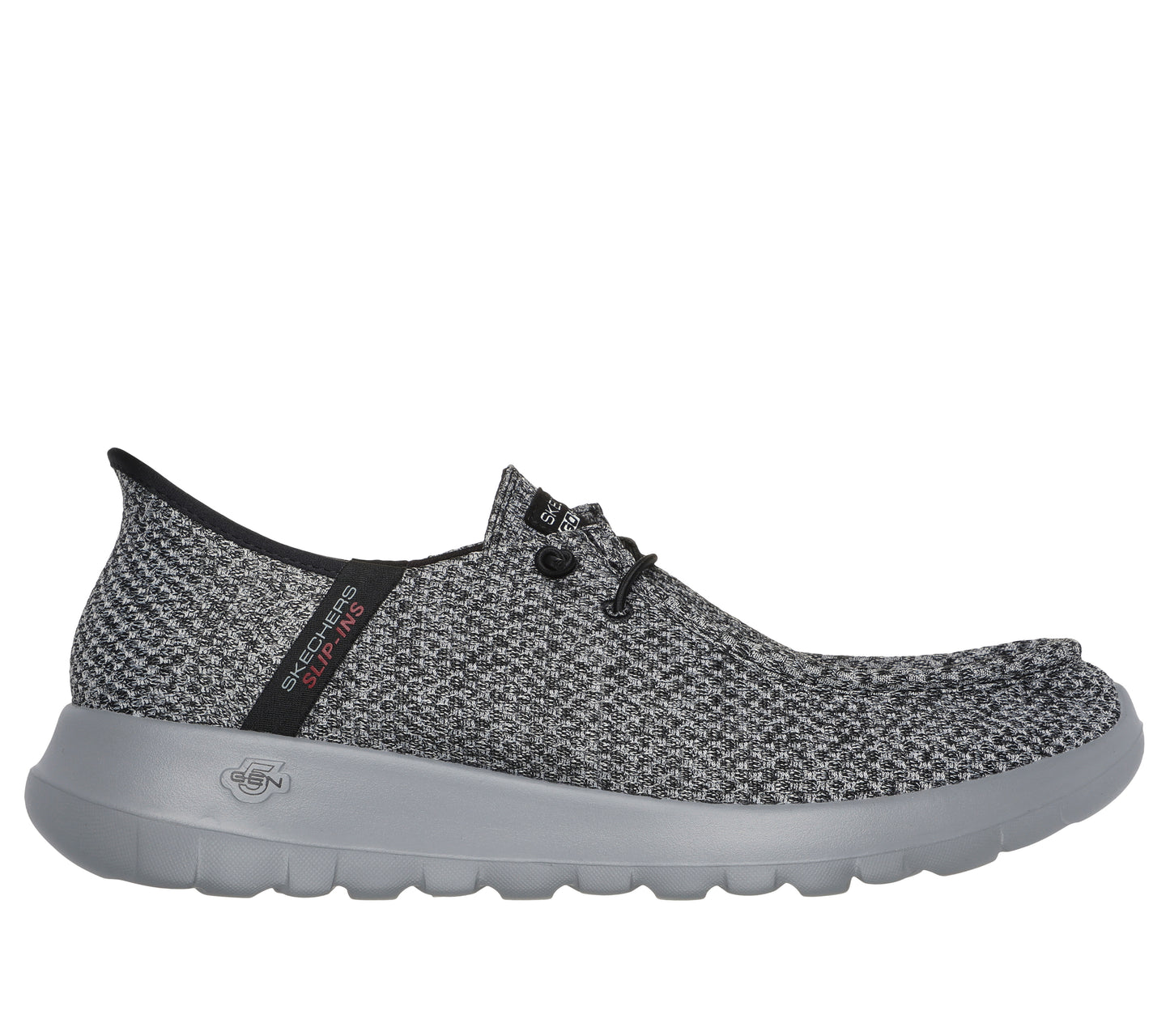 Slip-on knit shoe with bungee laces and a gray sole with the text "SLIP-INS" on the side.