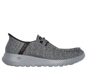 Slip-on knit shoe with bungee laces and a gray sole with the text "SLIP-INS" on the side.