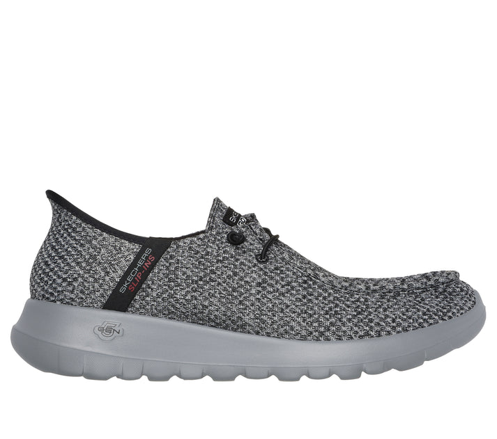 Slip-on knit shoe with bungee laces and a gray sole with the text "SLIP-INS" on the side.