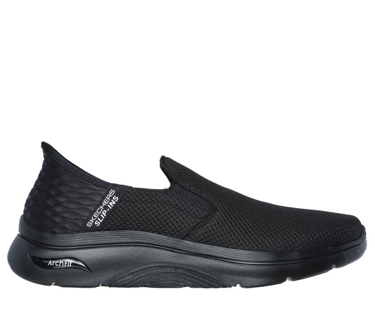Black slip-on shoe with arch fit.