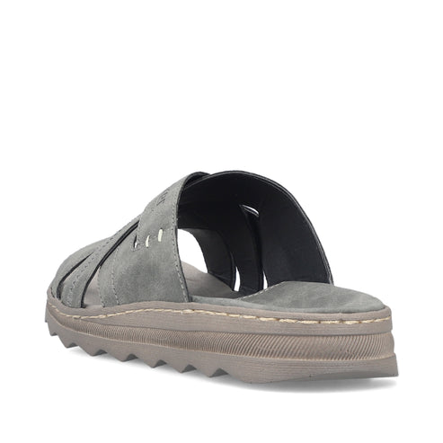Gray slide sandal featuring interlaced straps and a platform sole.