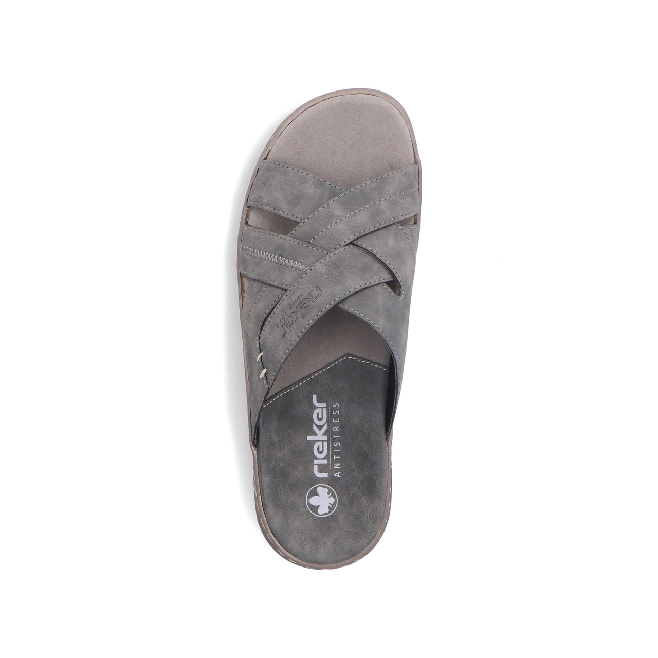 Top-down view of gray slide sandal with overlapping straps.