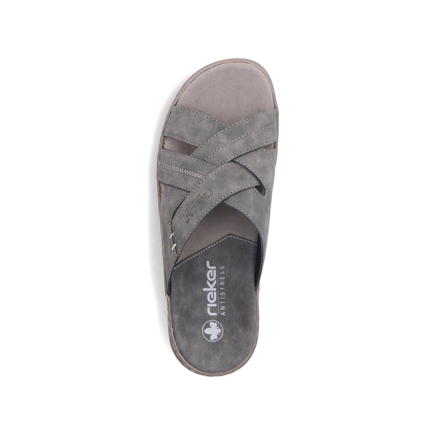 Top-down view of gray slide sandal with overlapping straps.