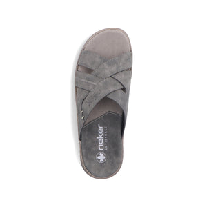 Top-down view of gray slide sandal with overlapping straps.