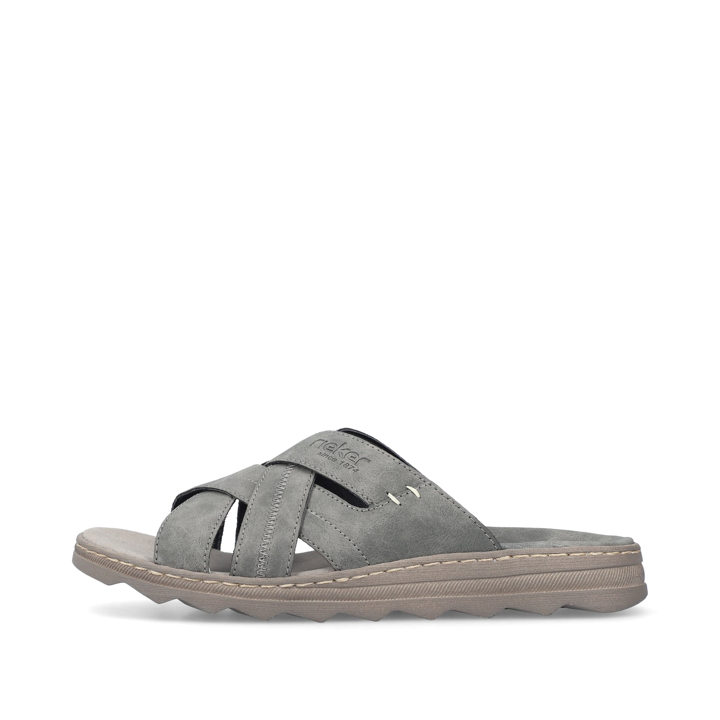 Gray sandal with a crisscross strap design and a flat sole, featuring the brand name "rieker".
