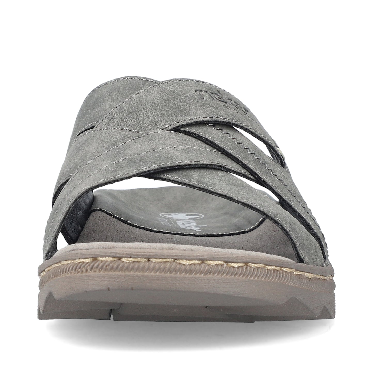 Front view of gray slide sandal with crossing straps and visible brand logo.