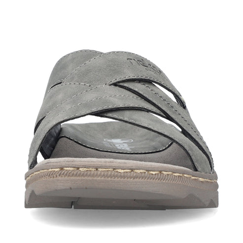 Front view of gray slide sandal with crossing straps and visible brand logo.