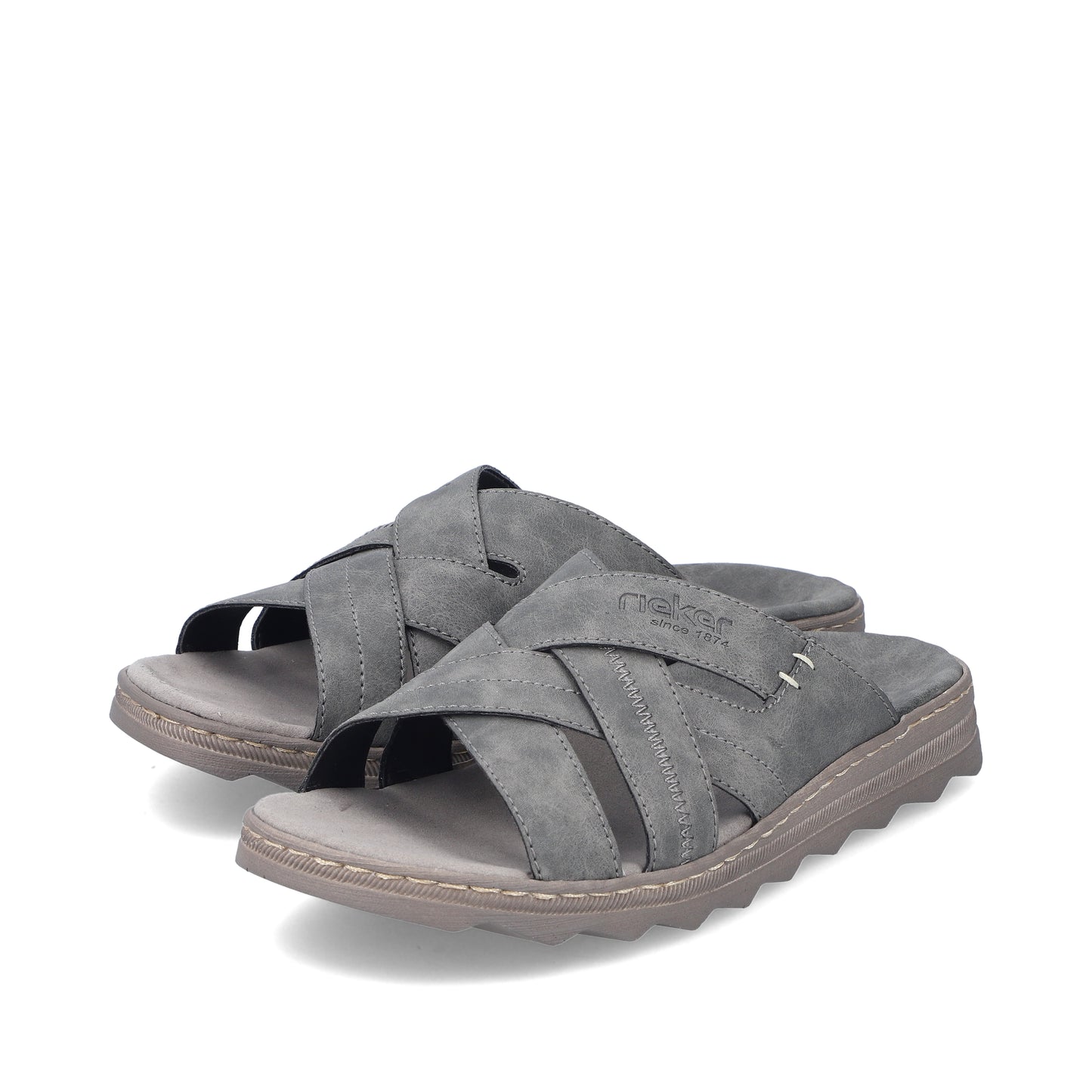 Gray criss-cross strap sandals with visible text reading, "rieker ANTISTRESS".