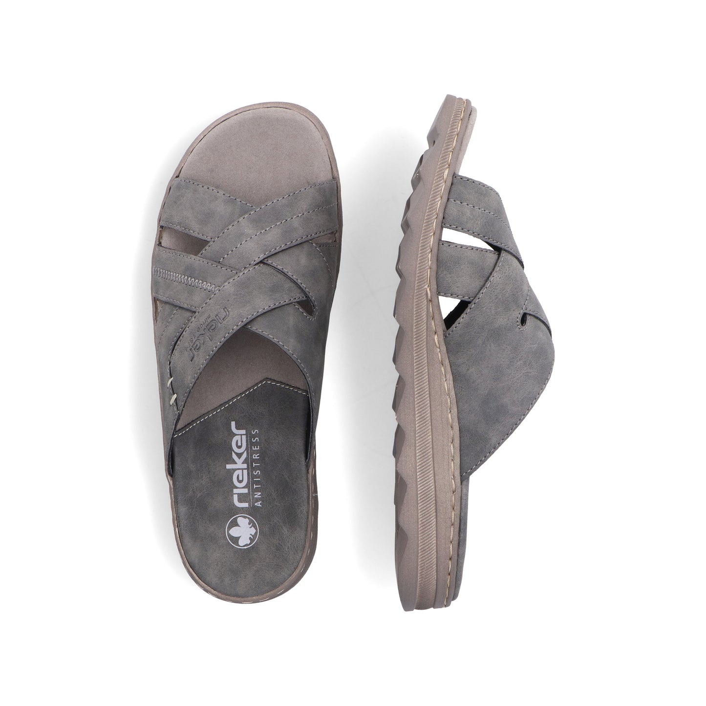 Two gray slide sandals with crossing straps and visible "rieker ANTISTRESS" logo.