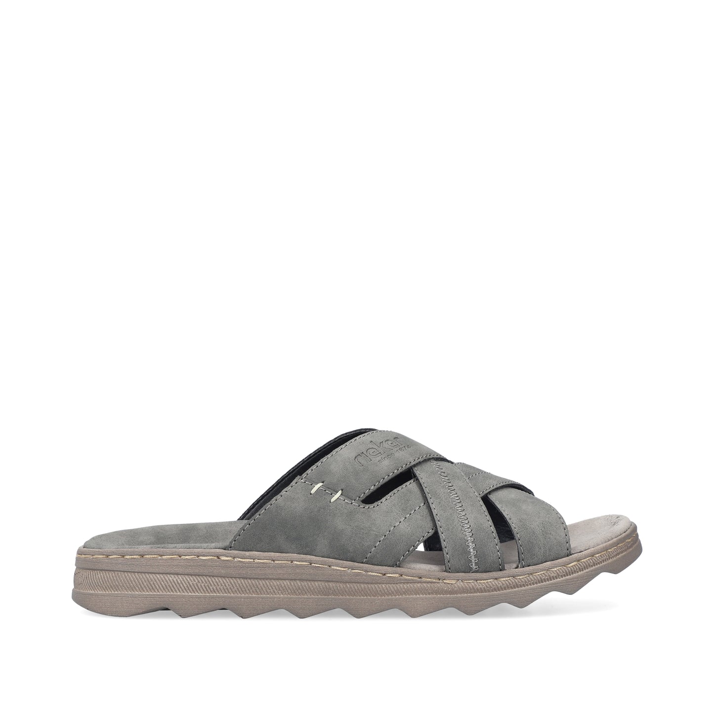 Gray sandal with criss-cross straps and a textured sole.